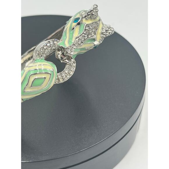 Mint and Cream Zebra with Stripes Hinged Rhinestone Blue Eyes Bangle Bracelet - Picture 6 of 12